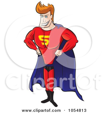 Royalty-Free Vector Clip Art Illustration of a Strong Super Hero Man Standing In A Blue Cape by Paulo Resende
