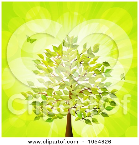 Royalty-Free Vector Clip Art Illustration of Butterflies And A Summer Tree Over Green by elaineitalia