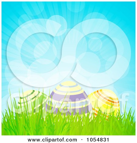 Royalty-Free Vector Clip Art Illustration of Three Easter Eggs In Grass by elaineitalia
