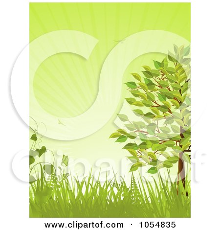 Royalty-Free Vector Clip Art Illustration of a Summer Tree With Grasses And Ferns Over Green by elaineitalia
