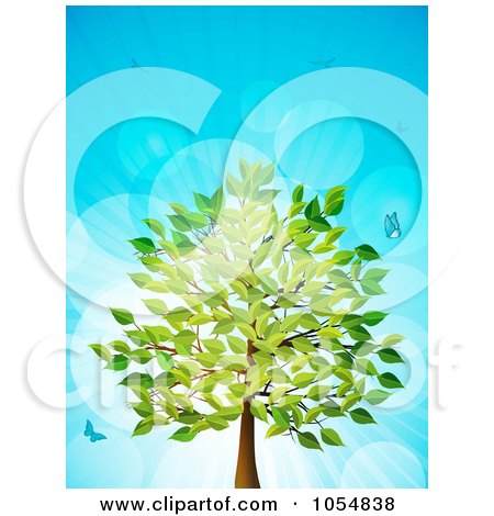 Royalty-Free Vector Clip Art Illustration of a Summer Tree With Birds And Butterflies Over Blue by elaineitalia