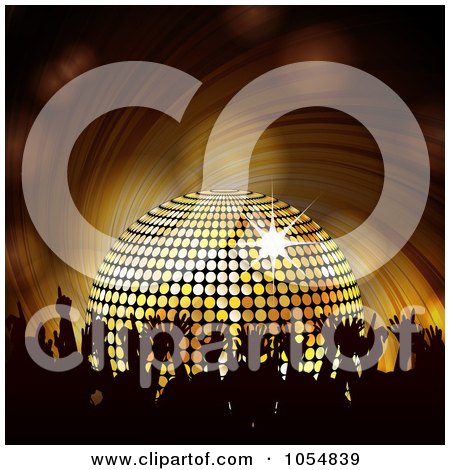 Royalty-Free Vector Clip Art Illustration of a Silhouetted Party Crowd And A Gold Disco Ball by elaineitalia