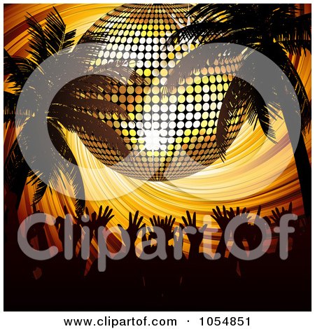 Royalty-Free Vector Clip Art Illustration of a Silhouetted Party Crowd Under Palm Trees And A Gold Disco Ball by elaineitalia