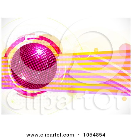 Royalty-Free Vector Clip Art Illustration of a Pink Disco Ball Over Lines And Bubbles by elaineitalia