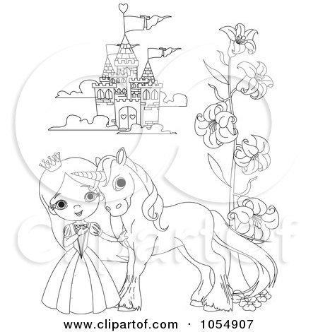 Royalty-Free Vector Clip Art Illustration of a Coloring Page Outline Of A Princess And Pony By A Castle by Pushkin