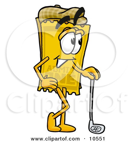 Clipart Picture of a Yellow Admission Ticket Mascot Cartoon Character Leaning on a Golf Club While Golfing by Mascot Junction