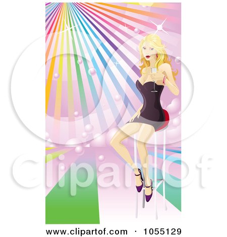 Royalty-Free Vector Clip Art Illustration of a Sexy Blond Woman Sitting On Barstool With Champagne, Over Rainbow Rays by AtStockIllustration