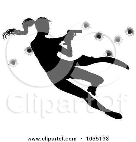 Royalty-Free Vector Clip Art Illustration of a Femme Fatale Jumping And Shooting Over Bullet Holes by AtStockIllustration