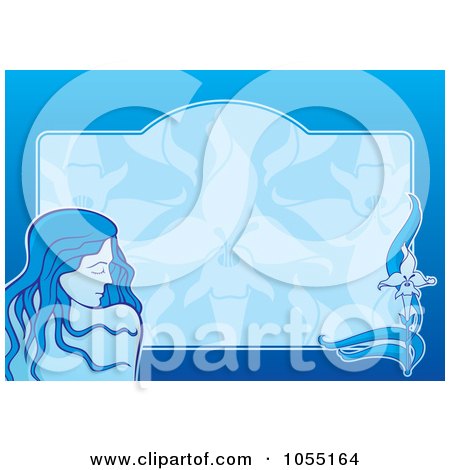 Royalty-Free Vector Clip Art Illustration of a Pretty Woman Over A Horizontal Blue Background With A Frame And Flower by Any Vector