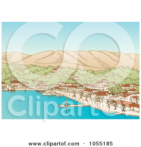 Royalty-Free Vector Clip Art Illustration of a Greek Village And Harbor by Any Vector
