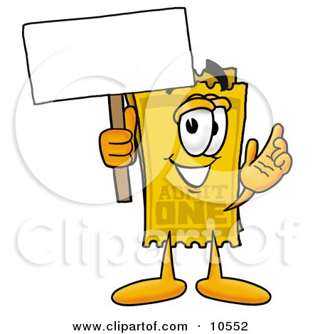 Clipart Picture of a Yellow Admission Ticket Mascot Cartoon Character Holding a Blank Sign by Mascot Junction