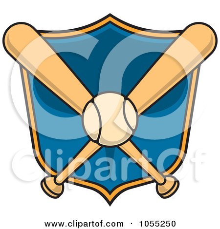 Royalty-Free Vector Clip Art Illustration of a Baseball And Two Bats Over A Blue Shield by Any Vector