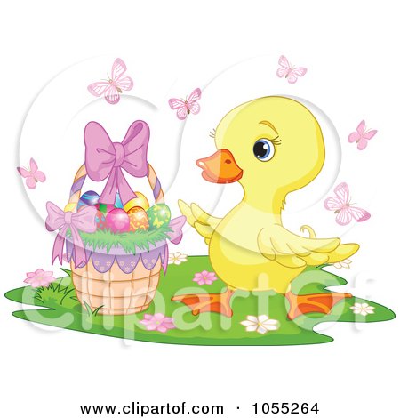 Royalty-Free Vector Clip Art Illustration of a Cute Easter Chick By An Easter Basket by Pushkin