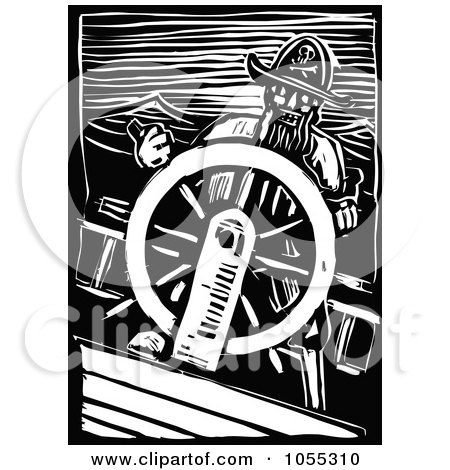 Royalty-Free Vector Clip Art Illustration of a Black And White Woodcut Styled Captain Steering by xunantunich