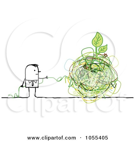 Royalty-Free Vector Clip Art Illustration of a Stick Man Trying To Unravel String Around A Plant On A Globe by NL shop