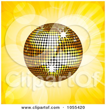 Royalty-Free Vector Clip Art Illustration of a Gold Disco Ball On Yellow Rays by elaineitalia