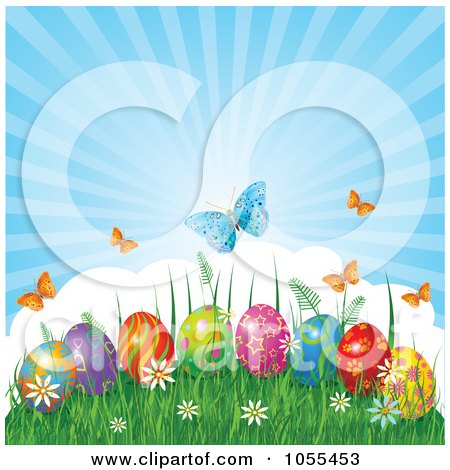 Royalty-Free Vector Clip Art Illustration of Butterflies Over Easter Eggs In Grass Against A Shining Sky by Pushkin