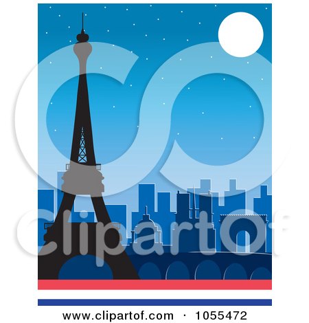 Royalty-Free Vector Clip Art Illustration of The Silhouetted Eiffel Tower And Other Famous Paris Buildings Against A Night Sky by Maria Bell