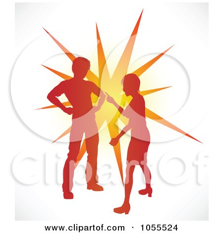 Royalty-Free Vector Clip Art Illustration of a Silhouetted Couple Fighting Over An Orange Burst by AtStockIllustration
