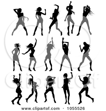 Royalty-Free Vector Clip Art Illustration of a Digital Collage Of Blakc Silhouetted Ladies Dancing by AtStockIllustration