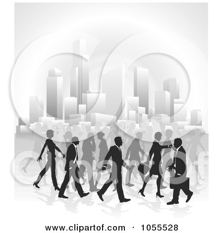 Royalty-Free Vector Clip Art Illustration of Silhouetted Business People Walking In A City by AtStockIllustration
