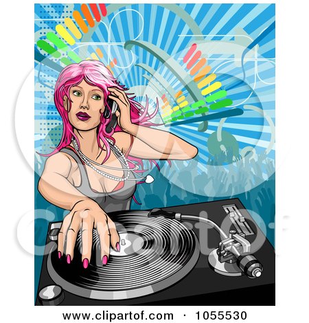 Royalty-Free Vector Clip Art Illustration of a Pink Haired Female Dj Mixing A Record by AtStockIllustration