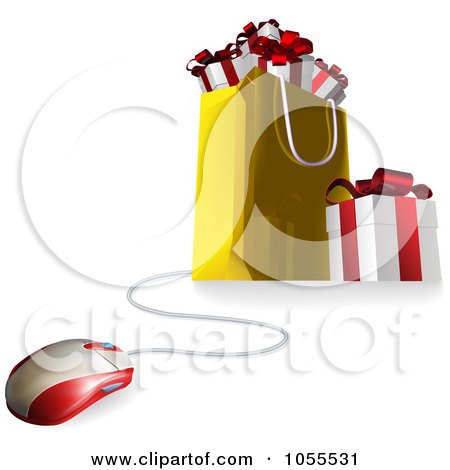 Royalty-Free Vector Clip Art Illustration of a Computer Mouse Connected To A Gift Bag by AtStockIllustration