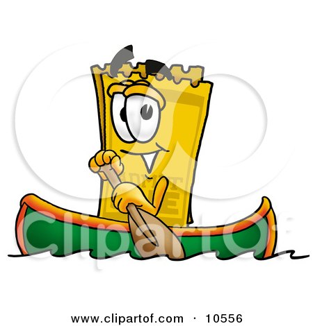Clipart Picture of a Yellow Admission Ticket Mascot Cartoon Character Rowing a Boat by Mascot Junction