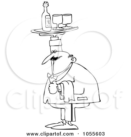 Royalty-Free Vector Clip Art Illustration of a Coloring Page Outline Of A Chubby Male Waiter Holding A Tray Of Wine Over His Head by djart