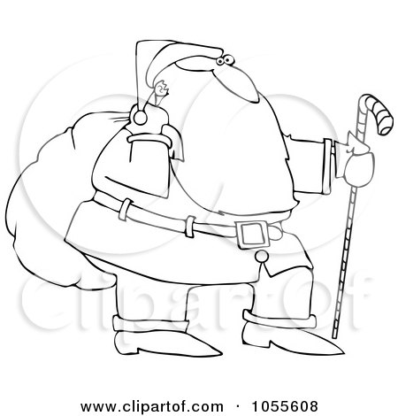 Royalty-Free Vector Clip Art Illustration of a Coloring Page Outline Of Santa Trekking With A Candy Cane Stick And Carrying A Sack On His Shoulder by djart