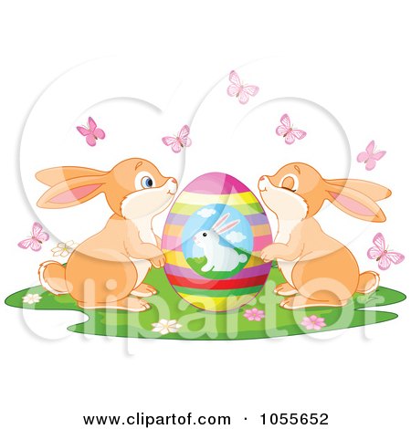 Royalty-Free Vetor Clip Art Illustration of Two Cute Easter Bunnies By An Egg Under Butterflies by Pushkin