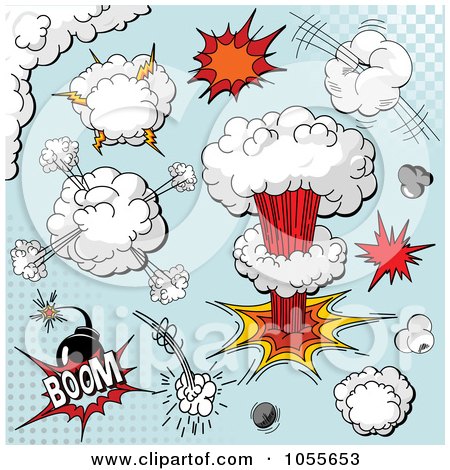 Royalty-Free Vetor Clip Art Illustration of a Digital Collage Of Comic Explosions And Bombs On Blue by Pushkin