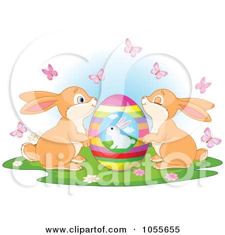 Royalty-Free Vetor Clip Art Illustration of Two Cute Easter Bunnies And Pink Butterflies By An Egg by Pushkin