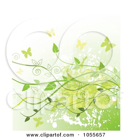 Royalty-Free Vetor Clip Art Illustration of a Grungy Green Background Of Vines And Butterflies Over Gradient White by Pushkin