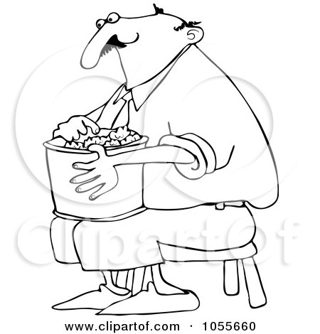 Royalty-Free Vector Clip Art Illustration of a Coloring Page Outline Of A Man Sitting On A Stool And Eating Popcorn by djart