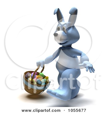 Royalty-Free CGI Clip Art Illustration of a 3d Blue Easter Bunny Walking With A Basket Of Eggs by KJ Pargeter