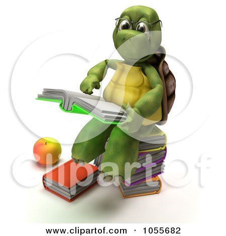 Royalty-Free CGI Clip Art Illustration of a 3d Tortoise Reading On A Stack Of Books by KJ Pargeter