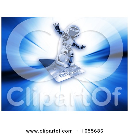 Royalty-Free CGI Clip Art Illustration of a 3d Silver Robot Surfing On A Credit Card Over A Blue Burst by KJ Pargeter