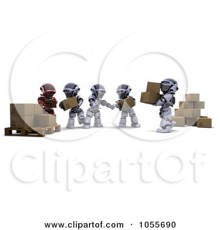 Royalty-Free CGI Clip Art Illustration of 3d Robots Passing Boxes From One Palette To Another by KJ Pargeter