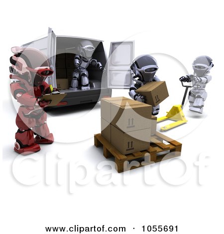Royalty-Free CGI Clip Art Illustration of a 3d Supervisor Robot Watching Others Load Boxes Into A Delivery Van by KJ Pargeter