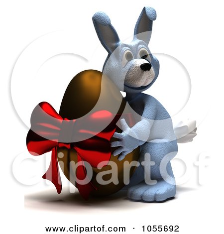 Royalty-Free CGI Clip Art Illustration of a 3d Blue Easter Bunny Hugging A Giant Chocolate Egg by KJ Pargeter
