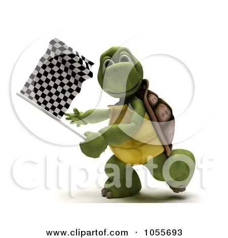 Royalty-Free CGI Clip Art Illustration of a 3d Tortoise Waving A Checkered Flag by KJ Pargeter