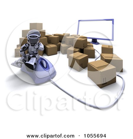 Royalty-Free CGI Clip Art Illustration of a 3d Silver Robot Sitting On A Computer Mouse, Surrounded By Shipping Boxes by KJ Pargeter