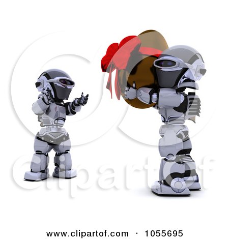 Royalty-Free CGI Clip Art Illustration of a 3d Silver Robot Carrying A Chocolate Easter Egg To A Friend by KJ Pargeter