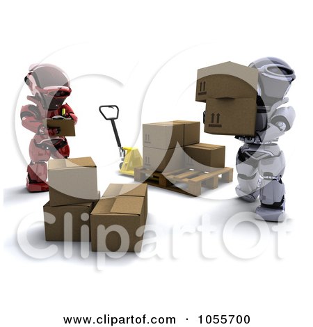 Royalty-Free CGI Clip Art Illustration of a 3d Robot Managing Another As He Loads Boxes Onto A Palette by KJ Pargeter