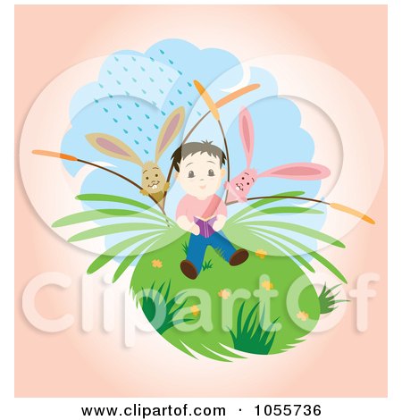 Royalty-Free Vector Clip Art Illustration of Rabbits Watching A Boy Read Outdoors by Cherie Reve