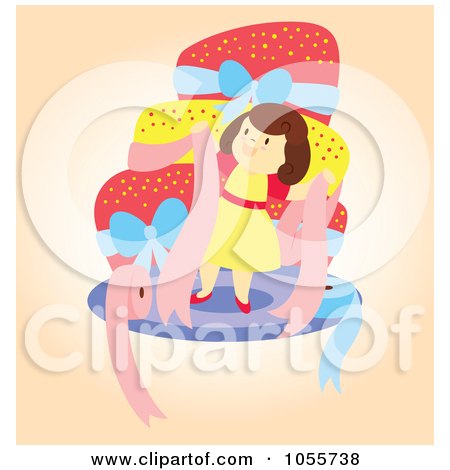 Royalty-Free Vector Clip Art Illustration of a Happy Girl Holding Ribbons From Around Her Birthday Cake by Cherie Reve