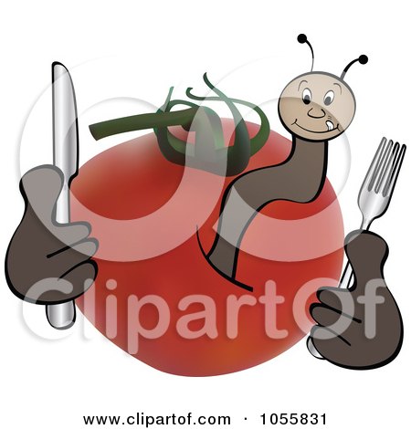 Royalty-Free Vector Clip Art Illustration of a Worm In A Tomato, Holding Silverware by Andrei Marincas