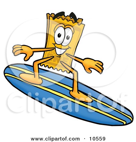 Clipart Picture of a Yellow Admission Ticket Mascot Cartoon Character Surfing on a Blue and Yellow Surfboard by Mascot Junction