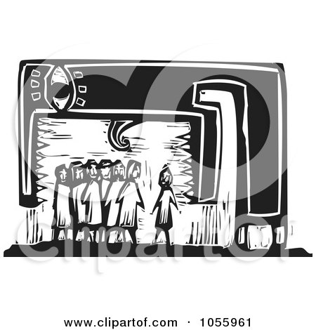 Royalty-Free Vector Clip Art Illustration of a Black And White Woodcut Styled Monster Eating A Group Of People by xunantunich